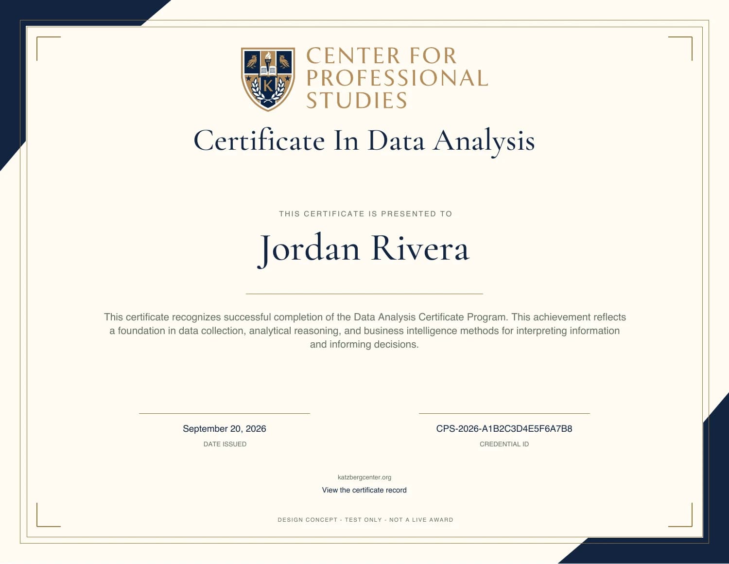CPS Data Analysis sample certificate — design concept, not a live award