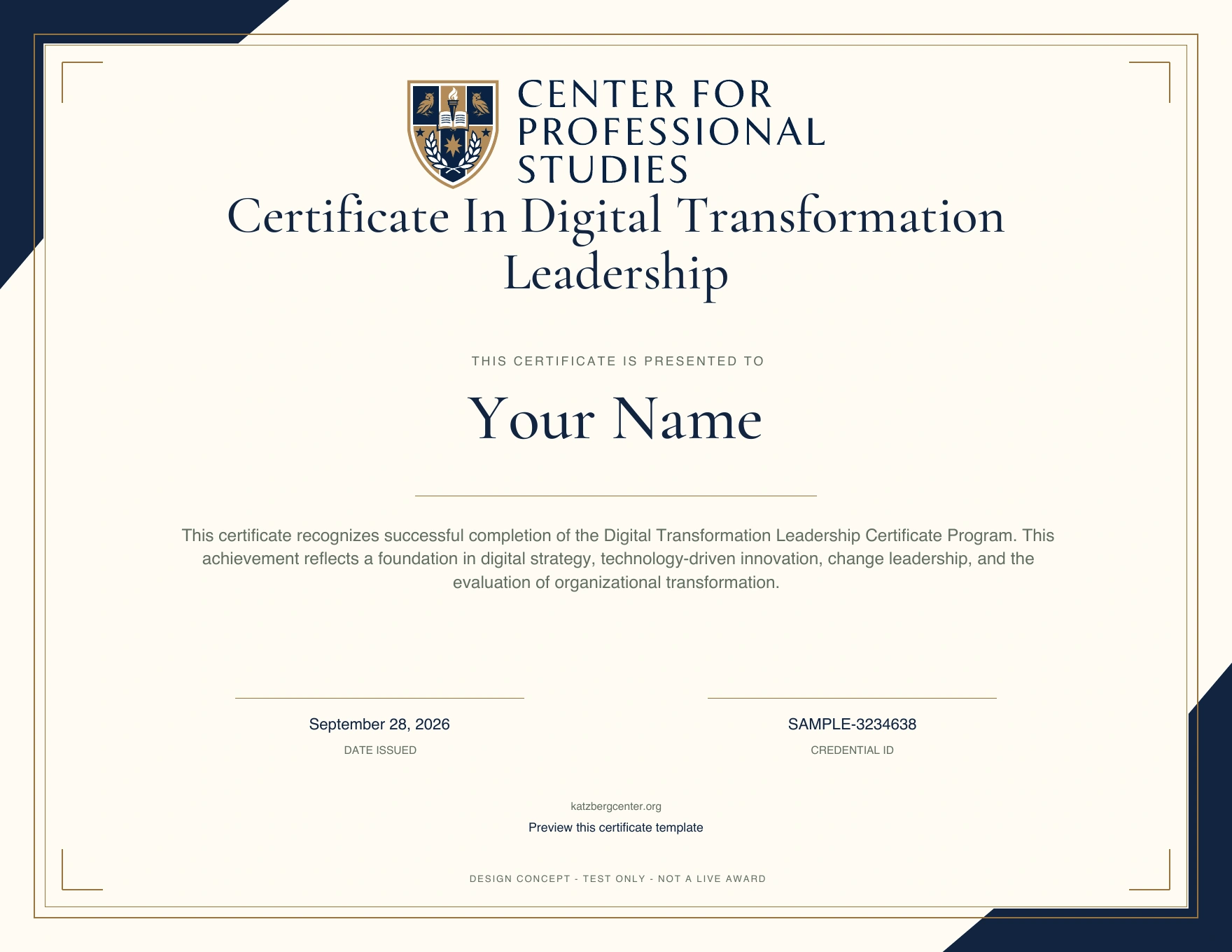 Sample Certificate in Digital Transformation Leadership, with the actual CPS award design and illustrative name, date and credential ID